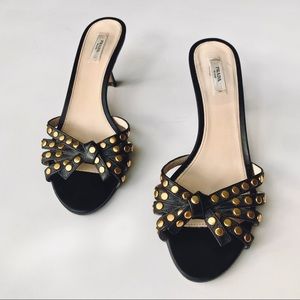 PRADA | black leather slide sandal gold women's 9